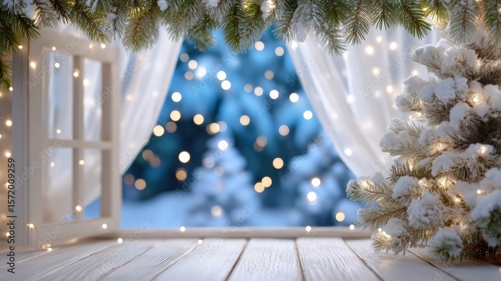 Wall mural cozy winter scene with a snowy christmas tree by an open window, adorned with string lights and curt