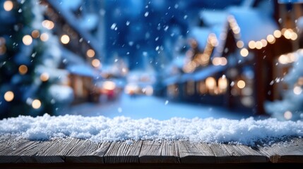 Fototapeta premium Snow-covered wooden table with a blurred winter village and softly falling snow in the background, illuminated by warm festive lights.