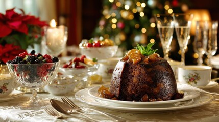 Festive holiday table with a Christmas pudding, fresh berries, and elegant dinnerware, set against a backdrop of twinkling lights and decorations.