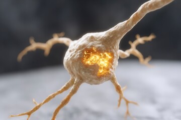 Fototapeta premium Close up view of a neuron cell body with illuminated internal structures and dendrites