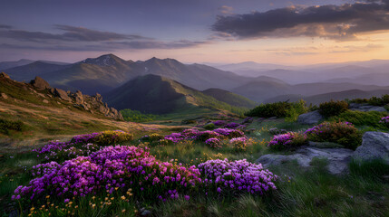 Dramatic Mountain Ridges and Blooming Field at Dusk