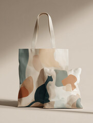 Stylish tote bag and cushion with abstract cat design in muted colors