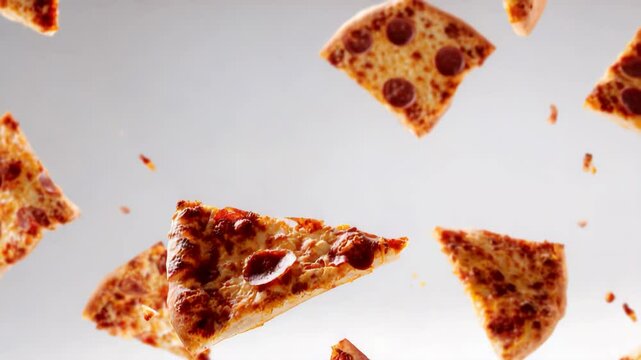 Slices of pizza floating in the air