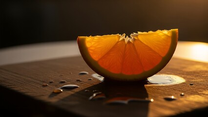 Glowing orange slice on wood, backlit by golden hour sun, with glistening juice drops. Perfect for refreshing drinks, healthy food, and natural light concepts.