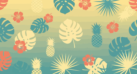 Tropical Summer Pattern: Pineapples Hibiscus and Monstera Leaves.
