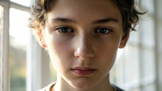 Young boy gazes thoughtfully out of window, capturing moment of reflection and serenity. soft light enhances calm atmosphere