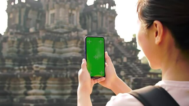 Young Woman Using Smartphone at Ancient Stone Temple