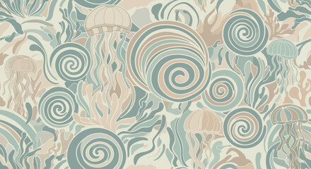 Delicate Underwater Pattern with Jellyfish and Sea Plants.