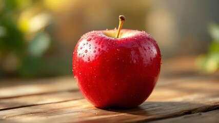 Close-up of a juicy red apple, covered in sparkling water droplets, suggesting ultimate freshness and crispness. Great for food advertising and dietary content.