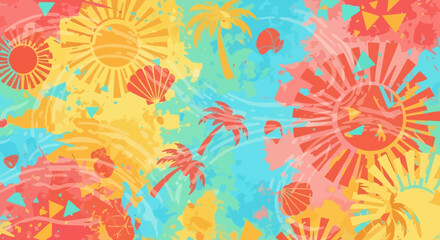 Vibrant Summer Sunburst Palm Trees and Seashells Design.