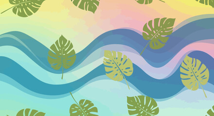 Obraz premium Stylized Green Monstera Leaves Over Wavy Teal and Pastel Background.