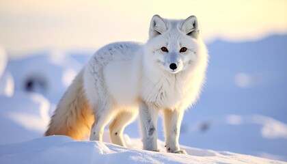Arctic fox in snowy landscape, close-up, crisp fur detail, soft 