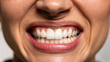 Fototapeta premium Close up of person showing bright smile with white teeth, expressing happiness and confidence