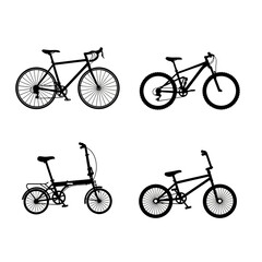 Four Different Types of Bicycles: Road Bike Mountain Bike Folding Bike BMX Bike.