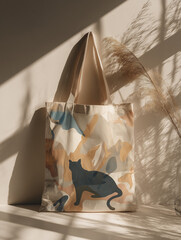 Trendy tote bag with abstract cat design in soft light and shadows
