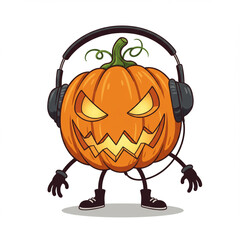 Jack-o'-Lantern with Headphones: Flat Vector, Isolated on White, High Detail, 8K.