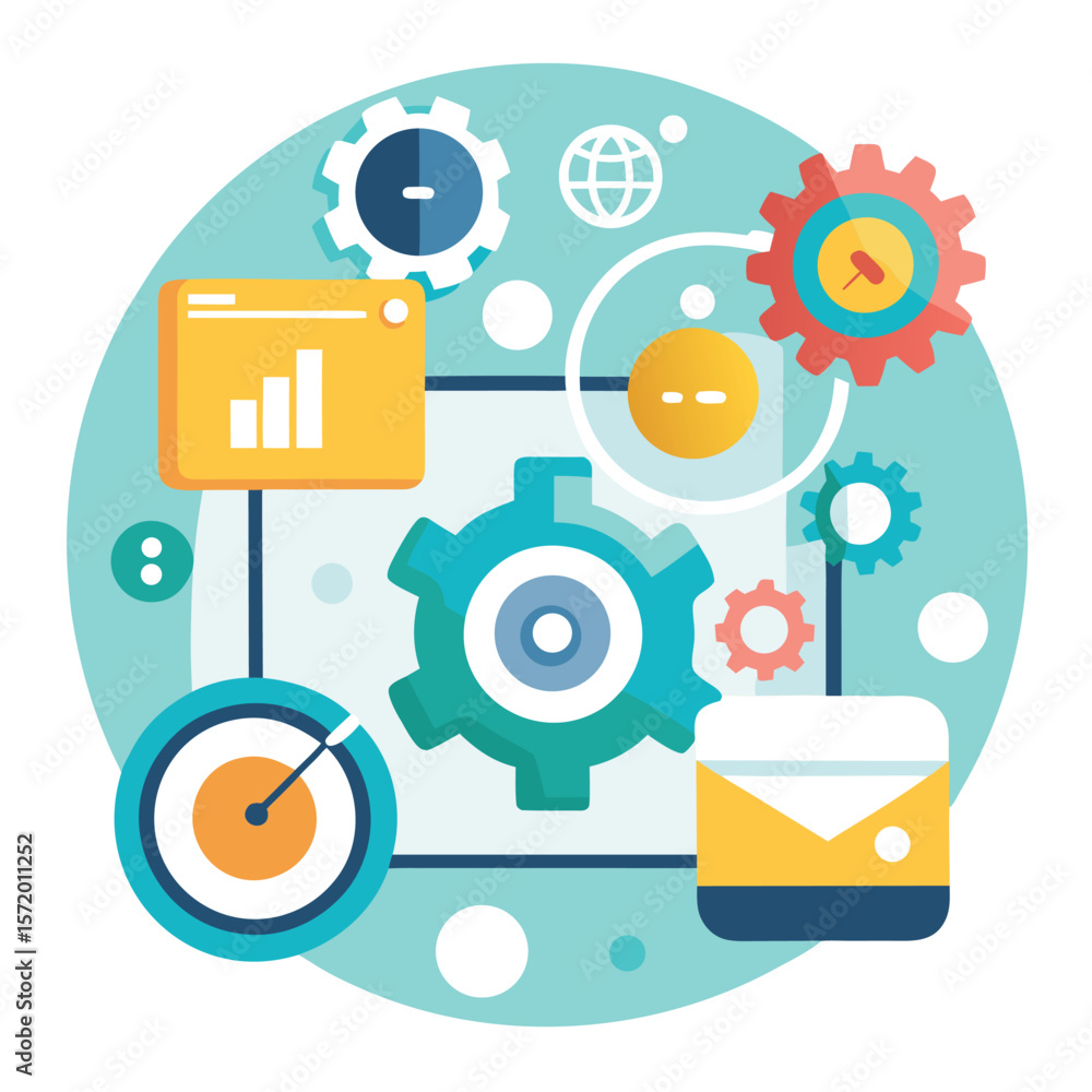 Poster conceptual illustration of business strategy and data analysis showing interconnected gears and char