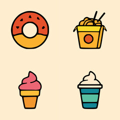 Flat style fast food dessert and meal icons including pink swirl ice cream and cold beverage