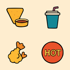 Colorful snack vector illustration with tortilla chips and dip, fried shrimp, blue cup, and spicy label