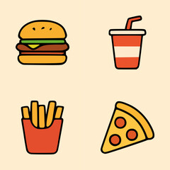 Vector collection of classic junk food symbols with thick outlines on beige background for menu or poster