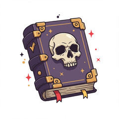 Detailed flat vector illustration of a magic spell book with a skull icon.