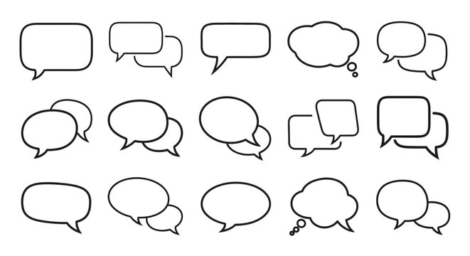 Collection of Various Black and White Speech Bubbles for Communication and Messaging.