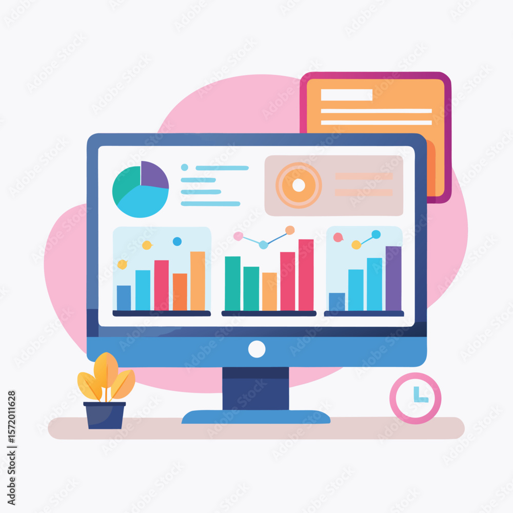 Poster modern flat illustration of business financial data analytics and reporting displayed on a computer 