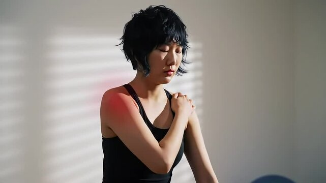 Young Woman with Shoulder Pain Sitting on Exercise Ball