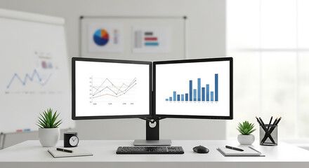 Office desk with dual monitors displaying financial data.