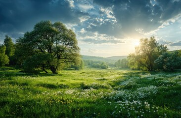 Obraz premium Lush meadow bathed in golden sunset light