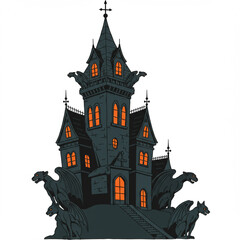 Eerie Isolated Haunted Mansion Vector Illustration with Gargoyles in High Detail.
