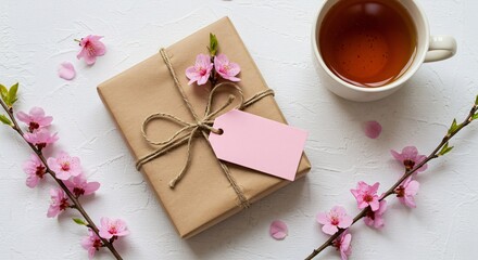 A gift wrapped in brown paper with a pink tag alongside tea and pink blossom branches