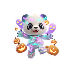 Naklejka premium Adorable 3D Panda in Skeleton Costume with Halloween Pumpkins