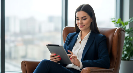 Fototapeta premium A businesswoman focused on her tablet while sitting in armchair. 
