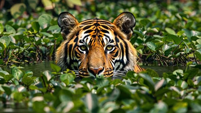 Tiger hiding in the pond in jungle shrubs. Wild predator in nature