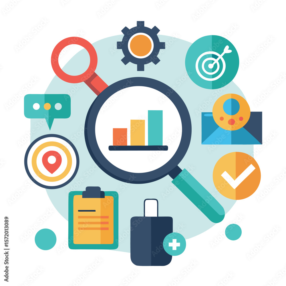 Poster flat design illustration of analytics with magnifying glass targeting and business icons conceptuali