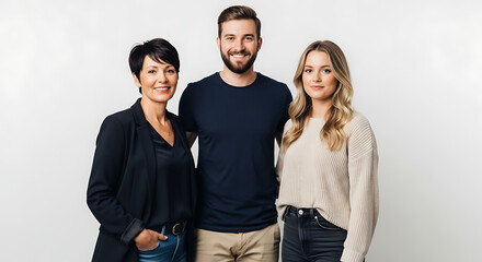 Fototapeta premium A diverse group of three individuals, smiling harmoniously, embodies unity. 