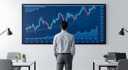 Businessman reviewing financial data on a large screen.