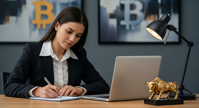 Businesswoman reviewing financial documents at her desk. 