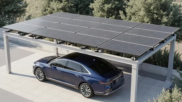 Electric car parked under a solar panel carport on a paved surface