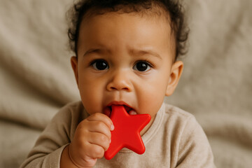 Adorable baby chewing red star shaped teether, curious expression