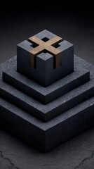 Geometric abstract composition with interlocking cube and layered base