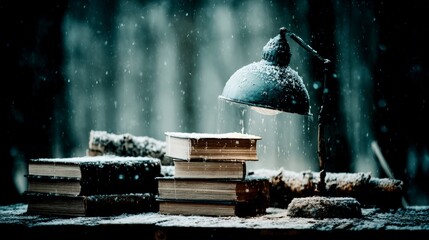 Vintage Lamp Illuminates Snowy Books In Dark Woods