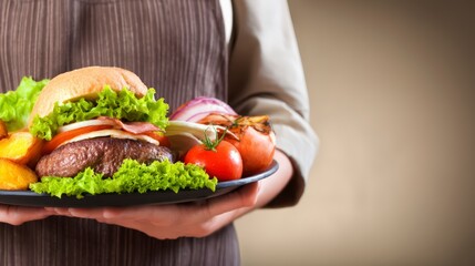 Waiter Serving a Plate of Burger Fries and Vegetables