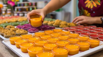 Woman Arranging Small Amber Candles On A White Tray