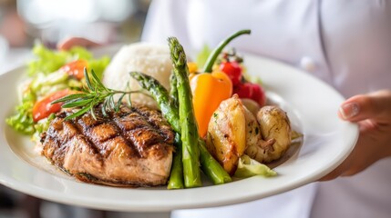 Waiter Serving Grilled Fish Dinner with Vegetables and Rice