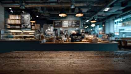 Naklejka premium Rustic wooden cafe counter, blurred background