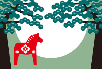 New Year's Cards-80　2026年、年賀状 午（うま・馬）の干支イラスト。 令和8年、年賀状テンプレート。和モダンなデザインの年賀状。