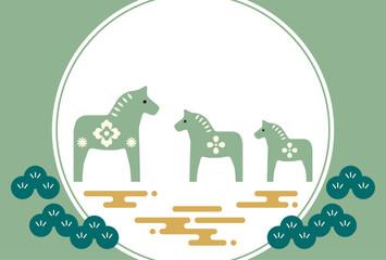 New Year's Cards-75　2026年、年賀状 午（うま・馬）の干支イラスト。 令和8年、年賀状テンプレート。和モダンなデザインの年賀状。