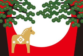 New Year's Cards-79　2026年、年賀状 午（うま・馬）の干支イラスト。 令和8年、年賀状テンプレート。和モダンなデザインの年賀状。